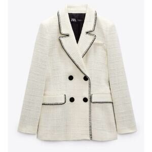 Zara White Boucle Tweed Double Breasted Blazer Jacket XL